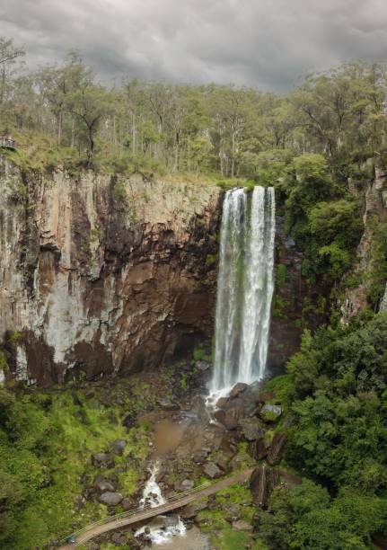 istock Vertical shot of flowing waterfall falling from rocks surrounded by trees 1437837817