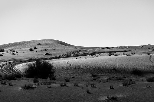 Three cars along the dunes in the Nafud desert of Saudi Arabia