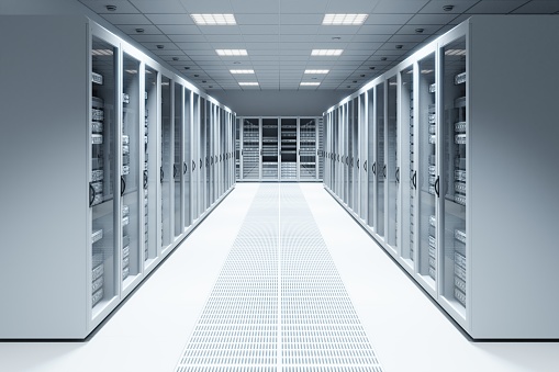 Wide View Of A Server Room In A Modern Data Center, 3D Render