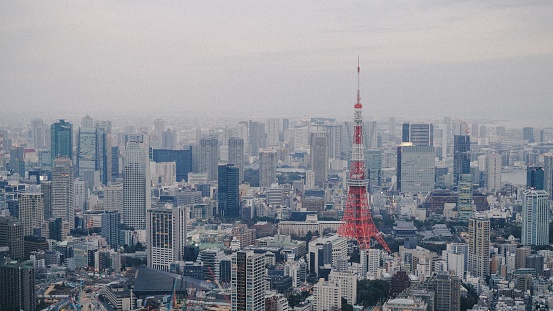 A cityscape of Tokyo city with red Tokyo Tower standing out from the skyscrapers and modern buildings