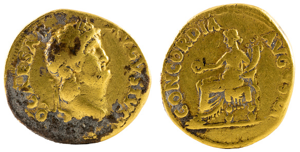 A closeup shot of ancient Roman gold aureus coin of Emperor Nero