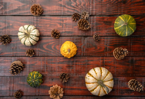 Pumpkins and pinecones on wooden surface with space for your text - autumn themed background