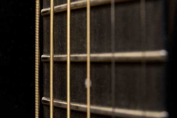 istock Selective focus of four shiny strings of an acoustic guitar 1437842626