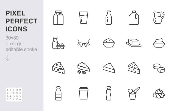 ilustraciones, imágenes clip art, dibujos animados e iconos de stock de conjunto de iconos de línea de productos lácteos. jarra, kéfir, huevos, ubre de vaca, requesón, botella, yogur, cheddar ilustración vectorial mínima. señal de contorno simple para alimentos lácteos. 30x30 píxeles perfecto, trazo editable - botella leche