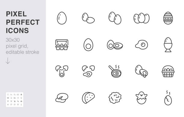 zestaw ikon linii jajek. pojemnik, kosz wielkanocny, skorupka jajka, żółtko, jajecznica, składnik do gotowania minimalna ilustracja wektorowa. prosty kontur na śniadanie. 30x30 pikseli idealny, edytowalny obrys - eggs stock illustrations