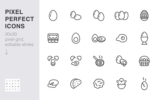 Eggs line icon set. Container, easter hunt basket, eggshell, yolk, scrambled, cooking ingredient minimal vector illustration. Simple outline sign for breakfast. 30x30 Pixel Perfect, Editable Stroke.