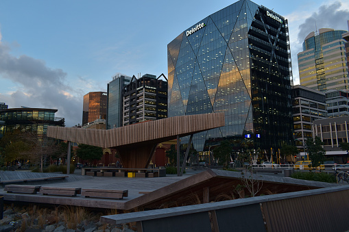 Wellington, New Zealand – May 28, 2019: Wellington / New Zealand - May 28 2019: View of Deloitte building in sunset light