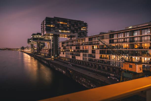 View from the Severins Bridge to the Cologne Kranhouses during blue hour