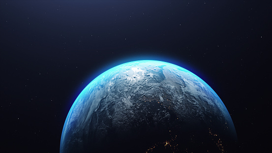 A 3D rendering of the planet Earth in the starry galaxy