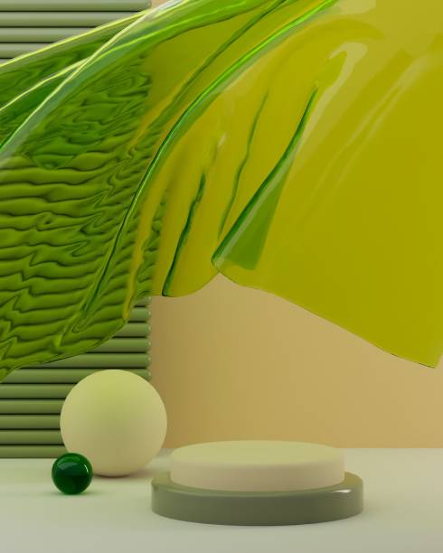 istock Vertical 3D render of a simple wallpaper design with green fabric and different geometrical objects 1437845658