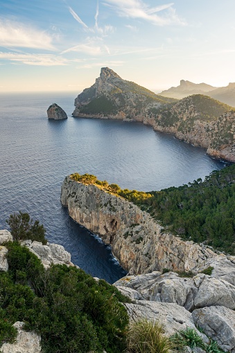 A high angle view of cliffs by the sea in the Mediterranean, the Mallorca island, vertical shot