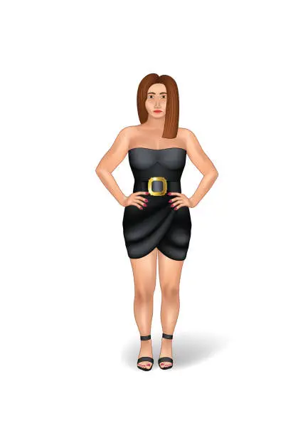 Vector illustration of Little black dress realistic model illustration isolated on white background. Fashionable woman with hand on hips standing.