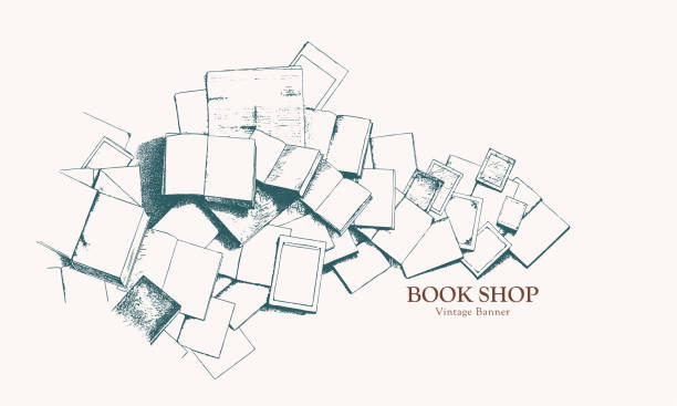 Vintage illustration of a heap of open books and other types of printed publications vector art illustration