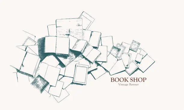 Vector illustration of Vintage illustration of a heap of open books and other types of printed publications