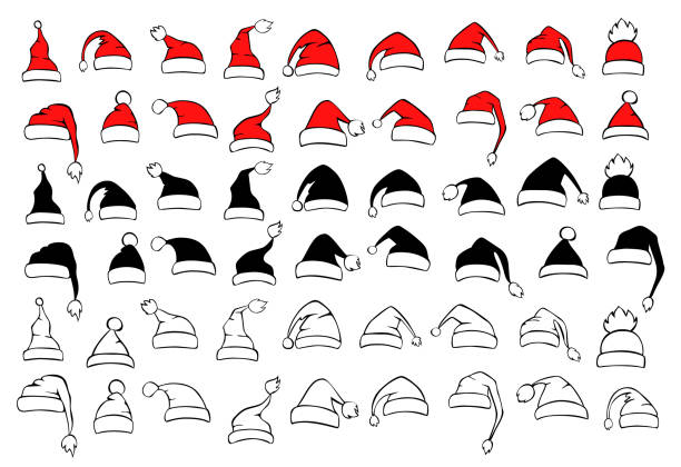 verschiedene weihnachtsmannmützen set, isolierte vektorillustration - nikolausmütze stock-grafiken, -clipart, -cartoons und -symbole