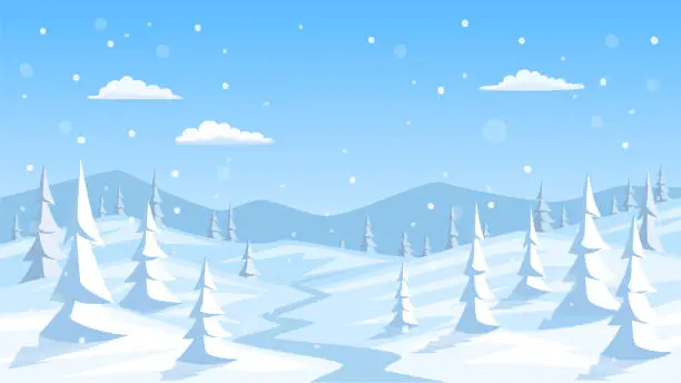 Vector illustration of winter snow landscape background with pine trees, mountains, vector illustration