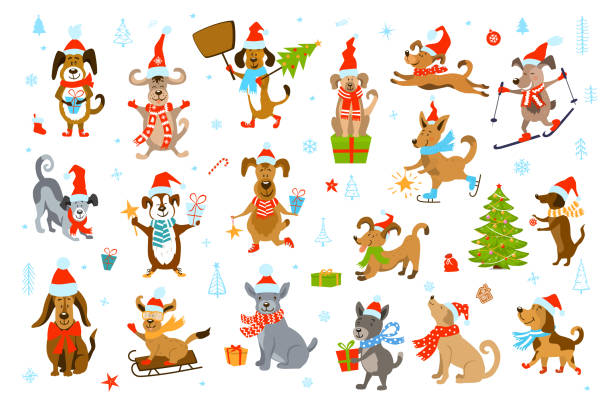 niedliche cartoon weihnachten winter hunde vektor illustration - christmas dachshund dog pets stock-grafiken, -clipart, -cartoons und -symbole