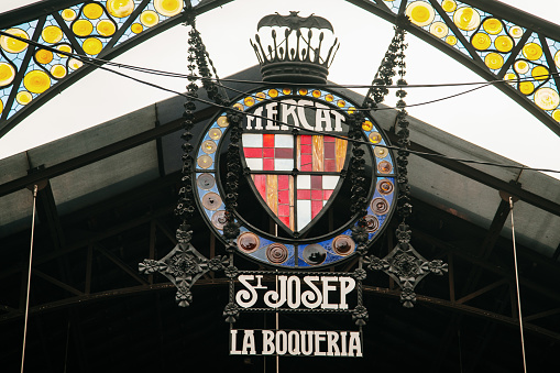 Barcelona, Spain. 20 June 2022: Sign at the entrance of Mercat de la Boqueria in Barcelona