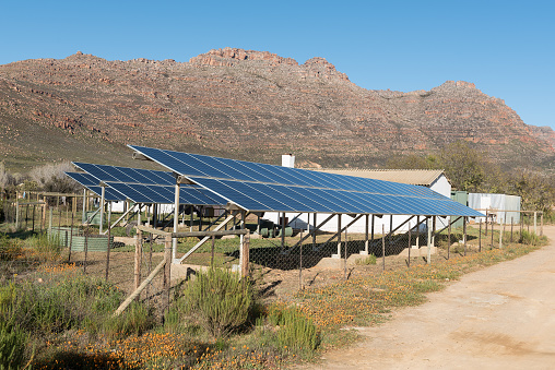 Kromrivier, South Africa - Sep 8, 2022: A solar power installation at Kromrivier Cederberg Park, a holiday resort in the Cederberg Mountains