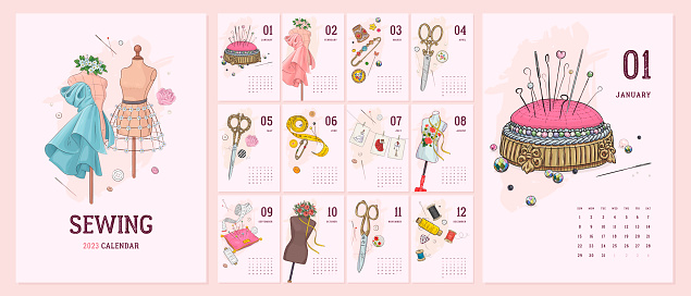 Illustrated 2023 calendar template with hand drawn vintage sewing tools and accesories