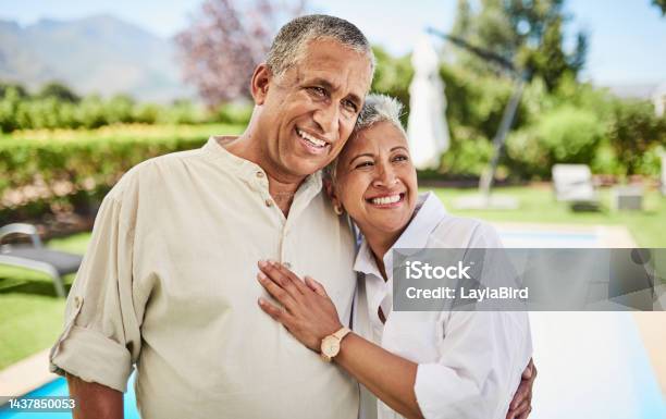 Retirement Yard And Senior Couple On Holiday In Summer Hug Together With Love For Marriage Wealth Or Luxury Lifestyle Elderly People In Backyard Patio Or Vacation Home In An Outdoor Portrait Stock Photo - Download Image Now