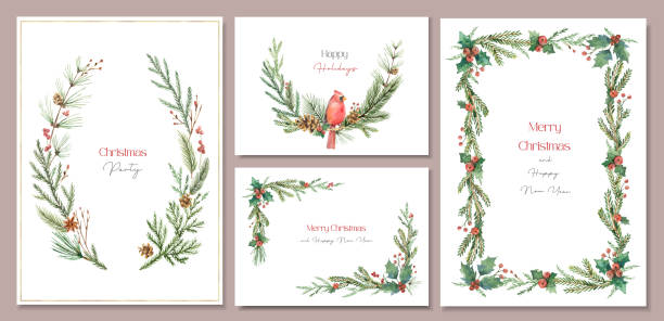 ilustrações de stock, clip art, desenhos animados e ícones de watercolor sets of templates with christmas decor. good for wedding invitation, thanksgiving, birthday, postcard, cover, flyer, poster and more. - christmas wreath holiday holly