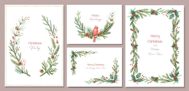 Watercolor sets of templates with Christmas decor. Good for wedding invitation, thanksgiving, birthday, postcard, cover, flyer, poster and more. Watercolor sets of templates with Christmas decor. Good for wedding invitation, thanksgiving, birthday, postcard, cover, flyer, poster and more. christmas border stock illustrations