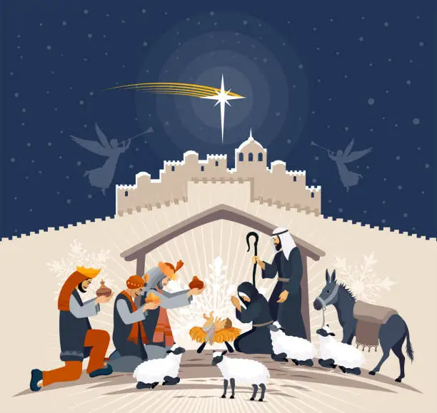 Vector illustration of Christmas night. Birth of Jesus. Three wise men.