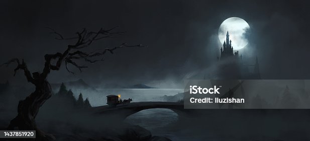istock Magical scene with carriage, 3D illustration. 1437851920