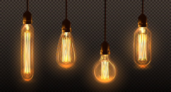 Set of hanging Edison light bulbs, vector illustration