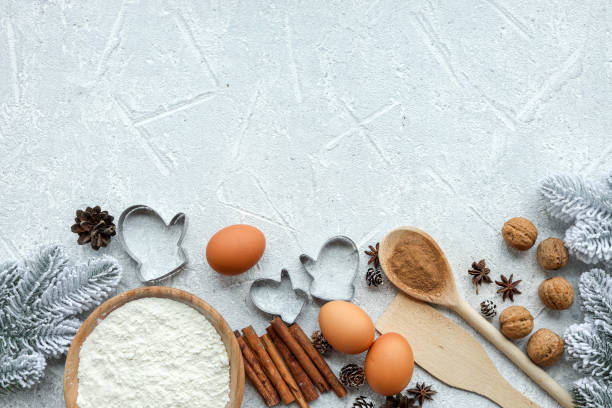 istock Ingredients for cooking christmas baking. Flour, eggs, brown sugar and spices. Top view with copy space 1437852202