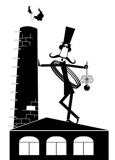 Vector illustration of Chimney sweeper, stove pipe, building