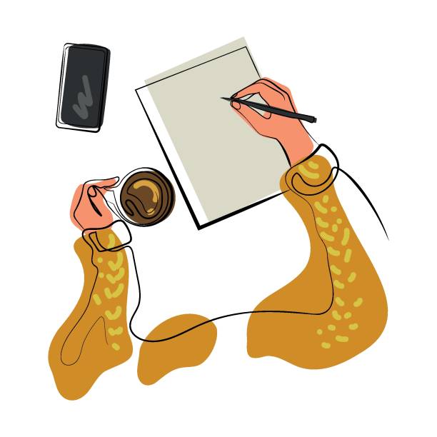 Web Top view hands with pen and coffee cup writing on blank sheet Minimal art line drawing,vector illustration.Female Hand holding pencil,writing letter,diary,plans for the year,signing document person writing on notepad stock illustrations