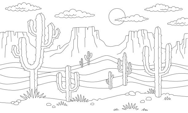 illustrazioni stock, clip art, cartoni animati e icone di tendenza di schizzo della linea del paesaggio del deserto con cactus. paesaggio della prateria della scena da colorare. bianco nero disegno di contorno di montagne, rocce occidentali e cactus. sfondo del selvaggio west. illustrazione vettoriale disegnata a mano. - western usa