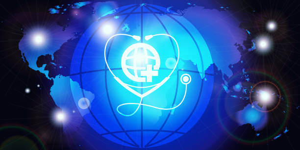 ilustrações de stock, clip art, desenhos animados e ícones de telemedicine and health concept in flat style. medical icon with globe on a abstract futuristic background. - abstract backgrounds ball close up