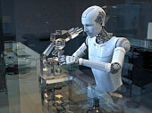Humanoid robot working in a diagnostic laboratory