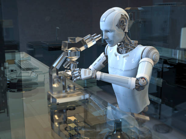 Humanoid robot working in a diagnostic laboratory stock photo