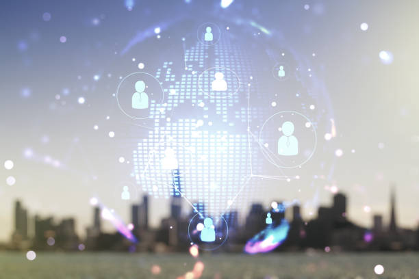 istock Virtual social network hologram and world map on blurry skyline background. Multiexposure 1437857912