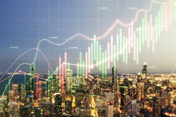 istock Multi exposure of virtual abstract financial graph interface on Chicago cityscape background, financial and trading concept 1437857914
