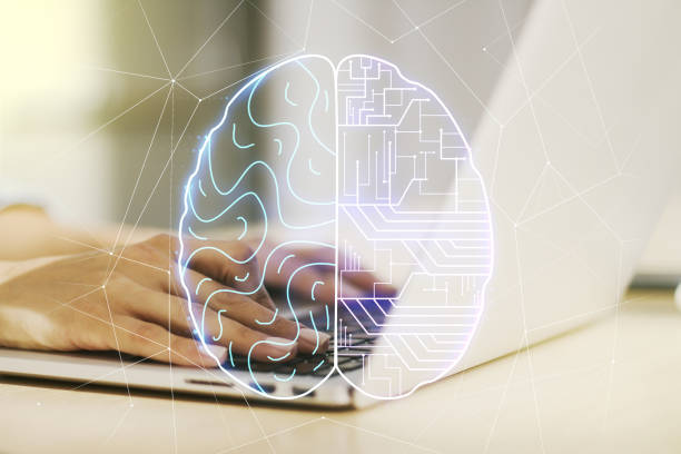 istock Double exposure of creative human brain microcircuit with hand typing on computer keyboard on background. Future technology and AI concept 1437857928