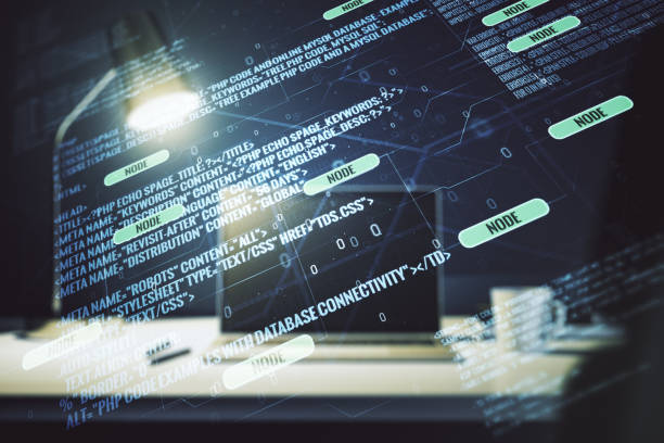istock Double exposure of abstract programming language on laptop background, research and development concept 1437858159