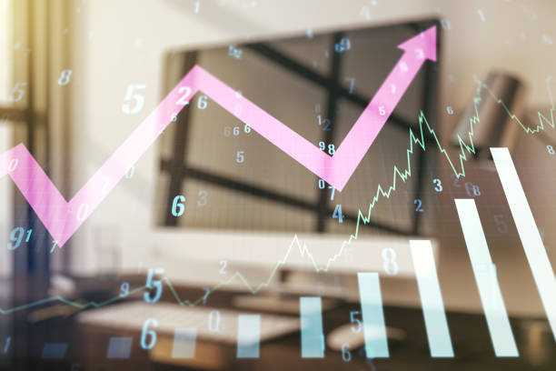 istock Multi exposure of abstract creative financial graph with upward arrow on modern laptop background, forex and investment concept 1437858177