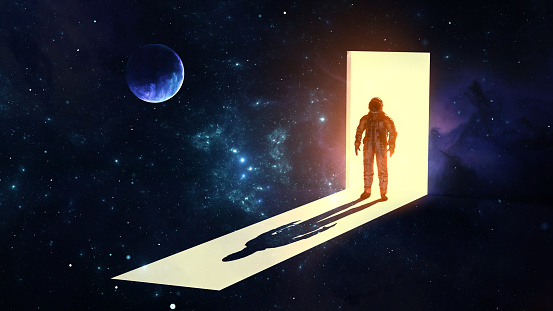 Astronaut cosmonaut stands in doorway from light into darkness of space. Silhouette of man in spacesuit, shadow, portal to the unknown. In search of new stars and galaxies. 3d illustration