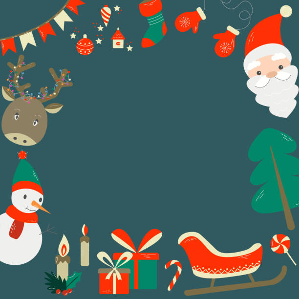 雪だるま、サンタ、トナカイ、木、ギフト、そりなどの伝統的なシンボルを持つクリスマスの挨拶フレーム。暗い背景に平らな漫画スタイルのベクターイラスト。 - holly frame christmas picture frame点のイラスト素材／クリップアート素材／マンガ素材／アイコン素材