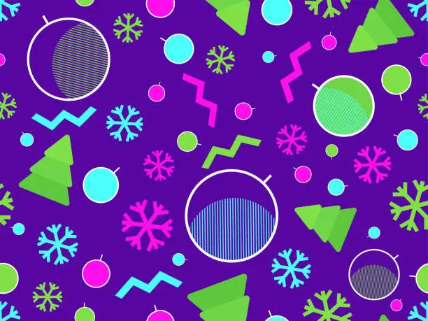 Vector illustration of Christmas seamless pattern with snowflakes and christmas decorations and geometric shapes in 80s style. Festive background for greeting cards, wrapping paper and banners. Vector illustration