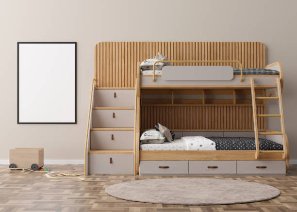 istock Empty vertical picture frame on brown wall in modern child room. Mock up interior in contemporary, scandinavian style. Free, copy space for picture. Bed, toys. Cozy room for kids. 3D rendering. 1437860916