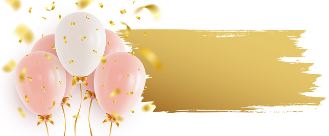 Pink and white helium balloons, falling confetti and stroke of golden paint at right on white background. Banner or greeting card design template. Realistic vector illustration