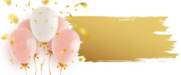 Vector illustration of Pink and white helium balloons, falling confetti and stroke of golden paint at right on white background. Banner or greeting card design template. Realistic vector illustration