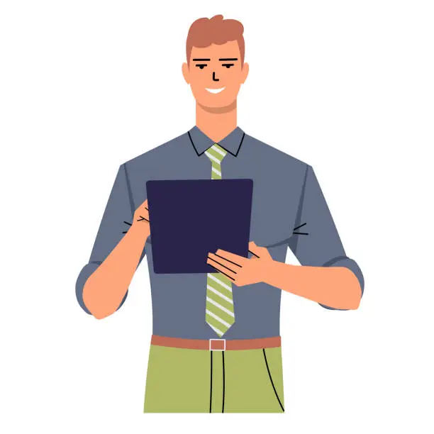 Vector illustration of A man in a shirt and tie uses a tablet or a folder with documents. A businessman is holding a device and touching the screen with his finger. Portrait of a young businessman.