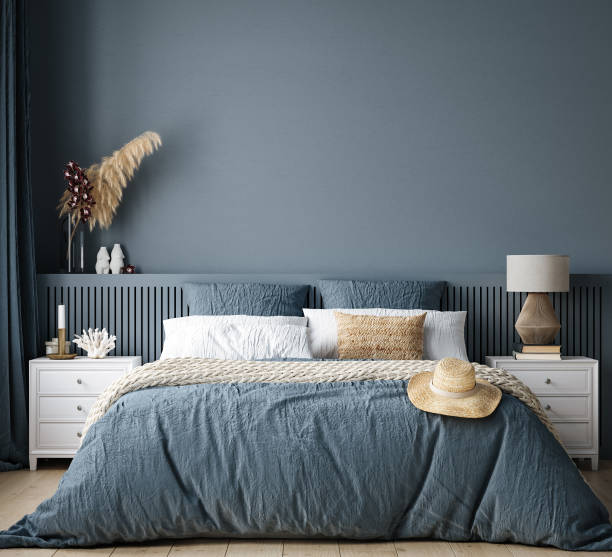 istock Home mockup, cozy dark blue bedroom interior background 1437861619